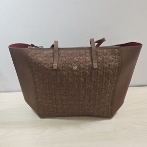 Carolina Herrera Monogram Editor Zip Tote Bag Shopping Brown Leather